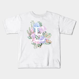 botanical monogram alphabet E hydrangea flowers Kids T-Shirt